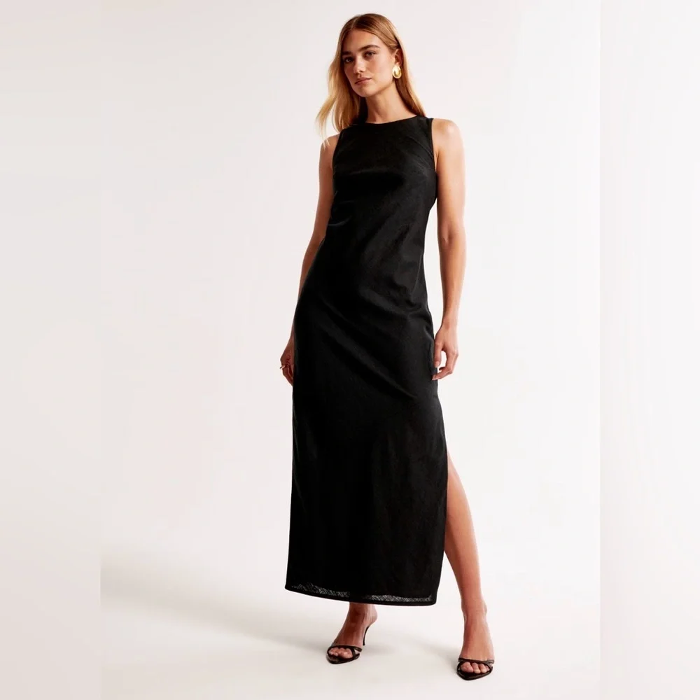 NWOT Abercrombie &‎ Fitch High-Neck Linen-Blend Maxi Dress in Black Size MP